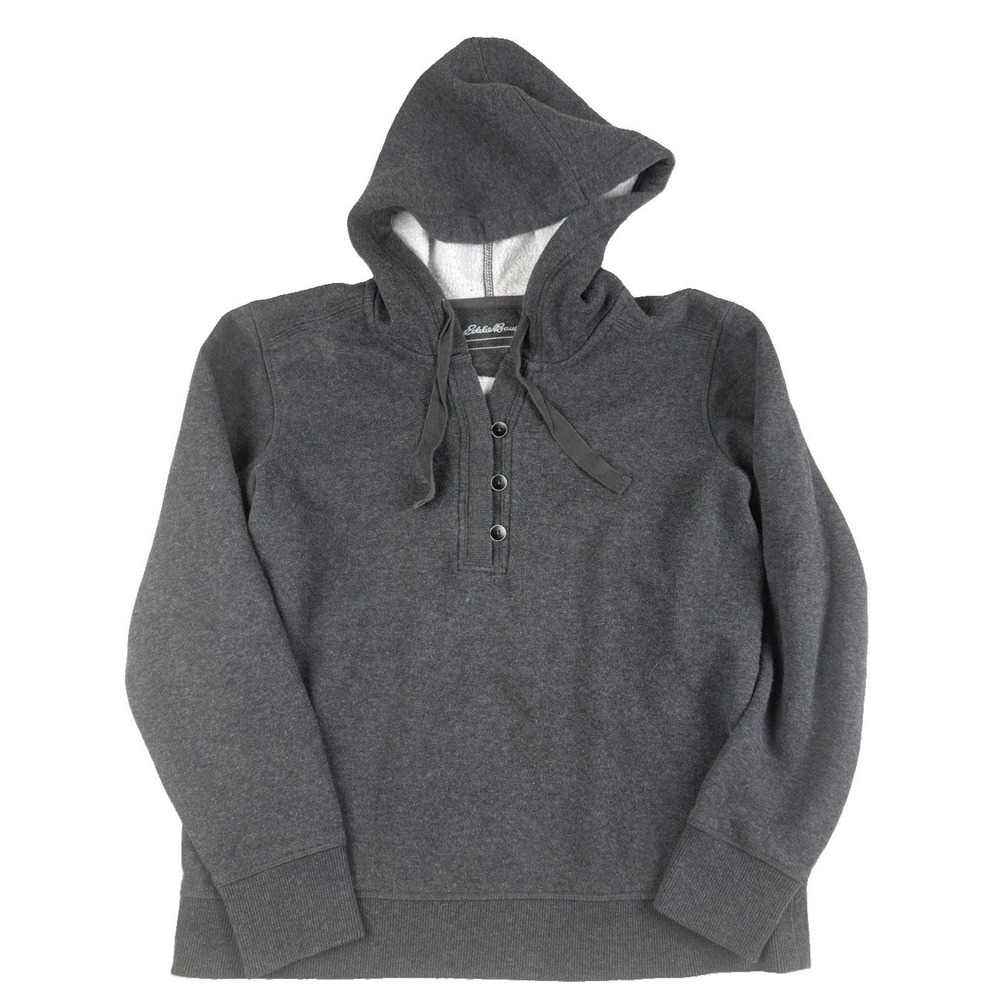 Eddie Bauer Womens M Hoodie Gray Henley Button Pullover Sweatshirt Fleece